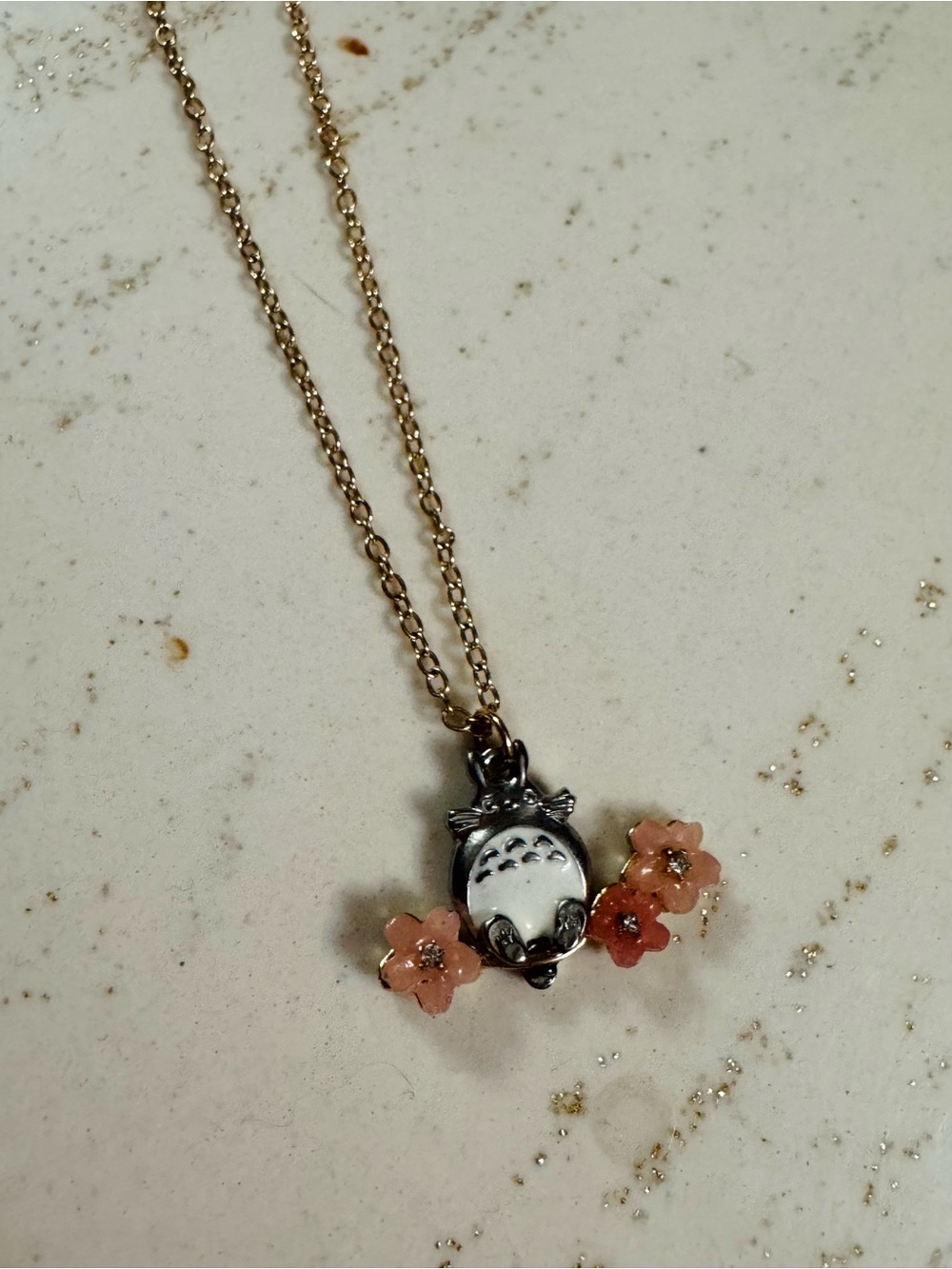 My Neighbor Totoro Pendant Necklace with Pink Flower Accents, gold chain